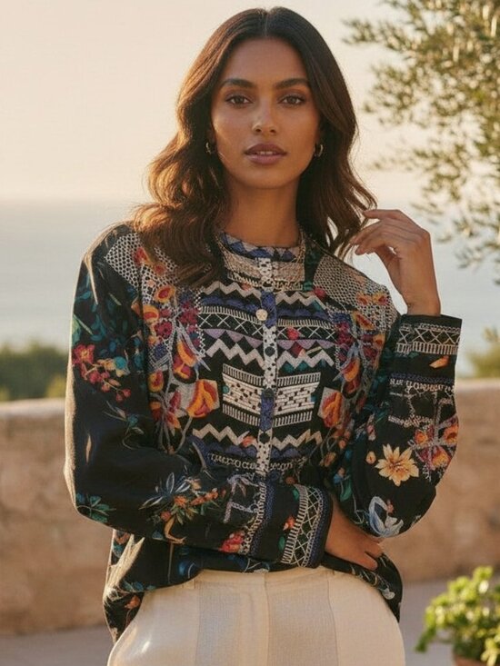 Johnny Was Tops - JOHNNY WAS BIYA ANTHRO Veda Embroidered Silk Blouse S M L Shirt Peasant Top Boho